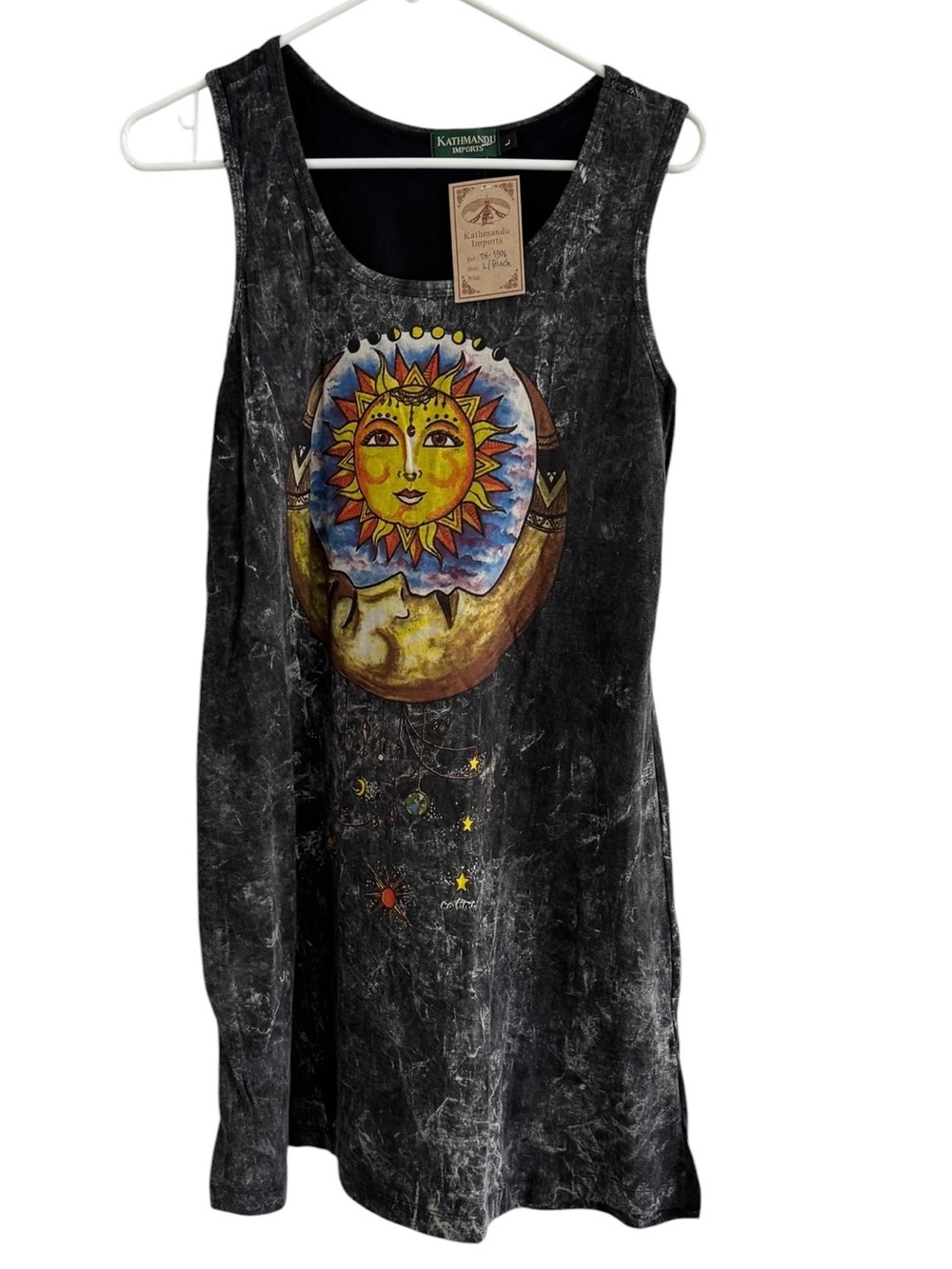 Kathmandu Black Marble-Effect Tank Dress with Colorful Sun & Moon Motif Sz L
